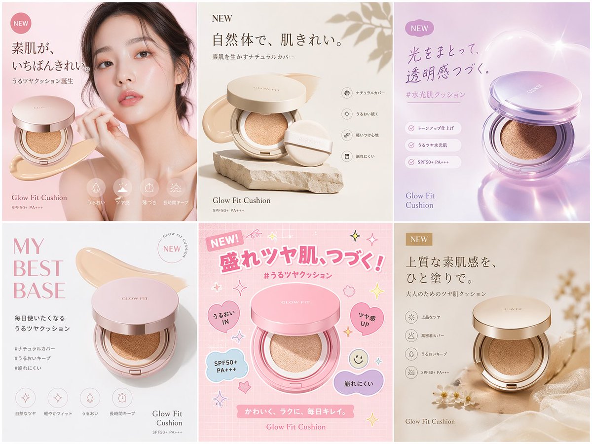 Cosmetic Ad Banner Grid Qwen Image 프롬프트 예시: A 2x3 grid of cosmetic advertisement banners showcasing different visual styles and marketing copy for a cushion foundation.