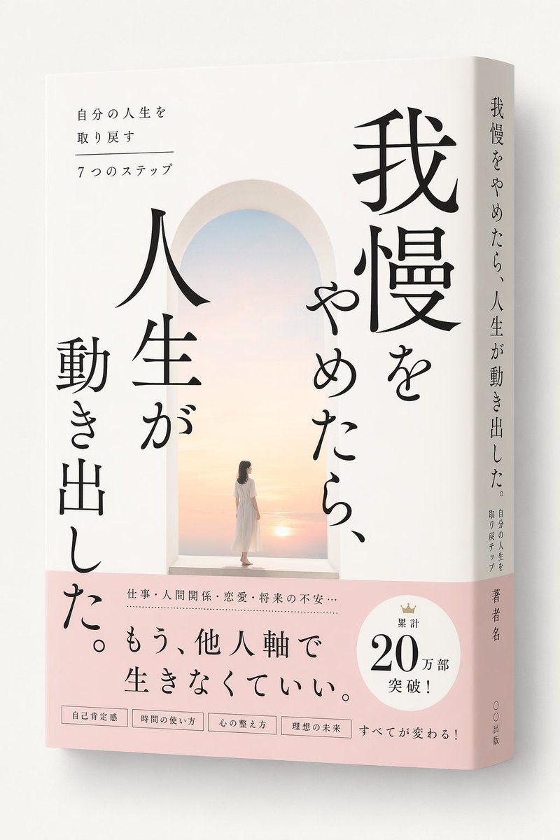 Japanese Self-Help Book Cover Mockup 的 Qwen Image 提示词示例图：Generates a realistic 3D mockup of a Japanese self-help book with customizable title, subtitle, and promotional belly...