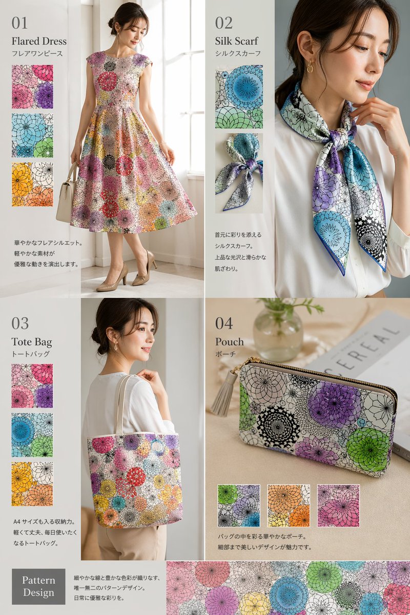 Fashion Collection Catalog Layout Qwen Image prompt example: Generates a multi-panel fashion catalog showcasing different products featuring a unified pattern design.