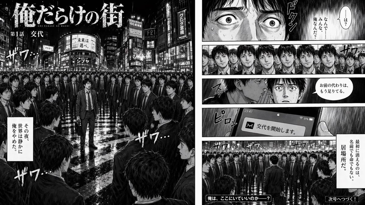 Two-Page Psychological Thriller Manga Spread Qwen Image prompt example: Generates a highly detailed, two-page manga spread featuring a protagonist surrounded by clones, complete...