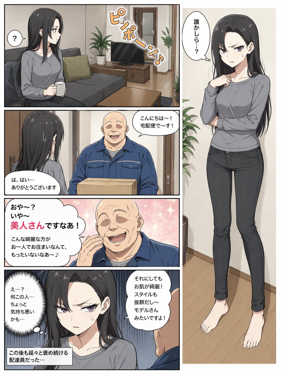 5-Panel Manga Page: Creepy Delivery Man Qwen Image prompt example: Generates a full-color, 5-panel manga page depicting a woman's uncomfortable encounter with an overly...