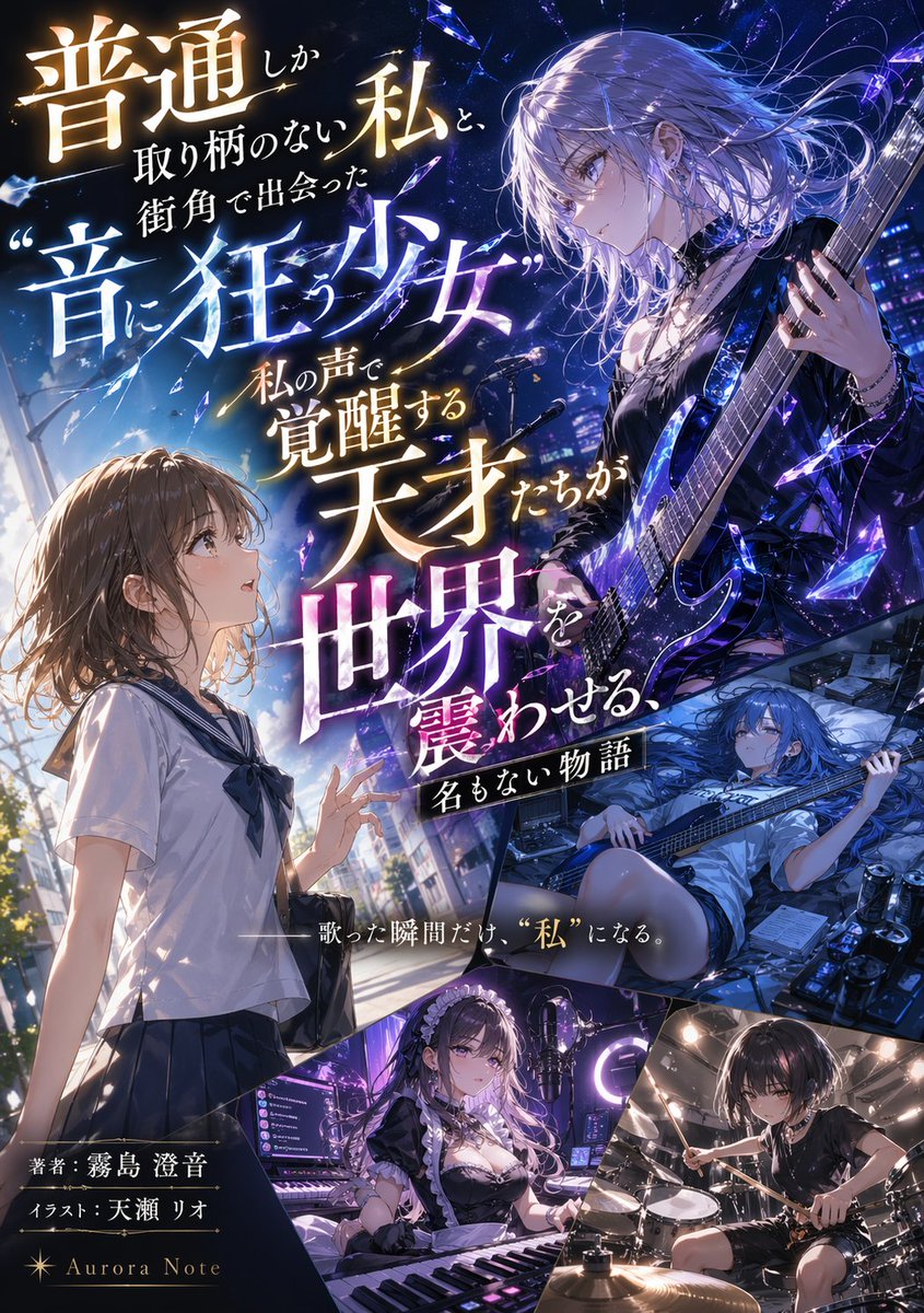 Light Novel Cover with Multi-Character Band Layout Qwen Image prompt example: Generates a complex light novel cover featuring a multi-panel layout of an all-girl music band and...