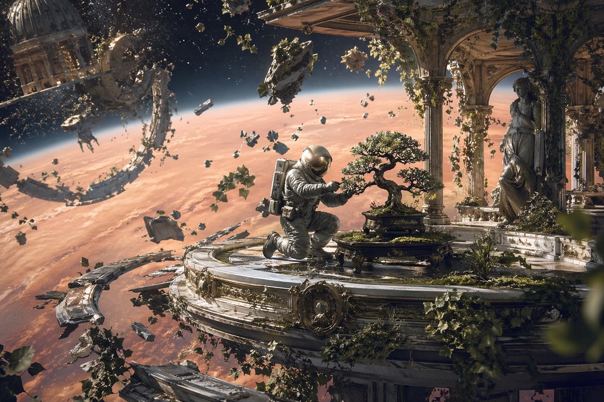 Astronaut Tending Bonsai in Space Ruins Qwen Image 프롬프트 예시: Generates a surreal sci-fi scene of an astronaut interacting with nature on a floating architectural ruin in space.