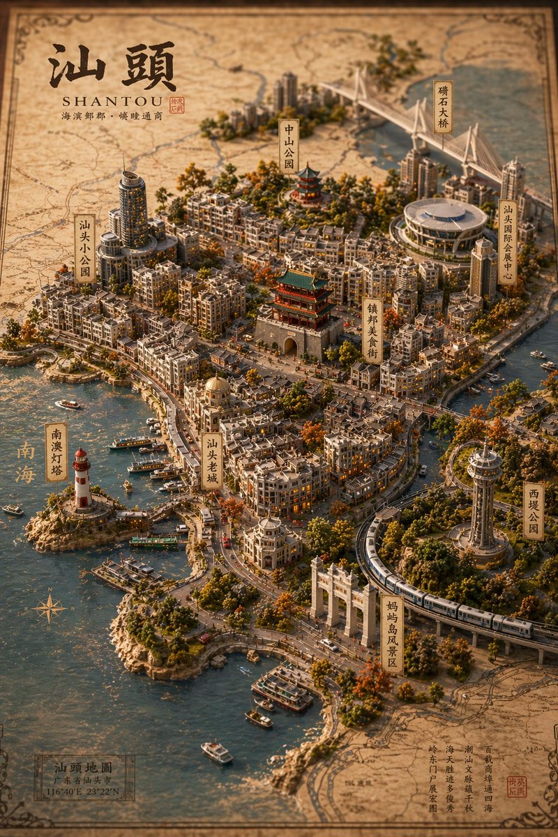 Vintage 3D Miniature City Map 的 GPT Image 2 提示词示例图:Generates a highly detailed, isometric 3D miniature map of a coastal city on a vintage parchment background, complete with...