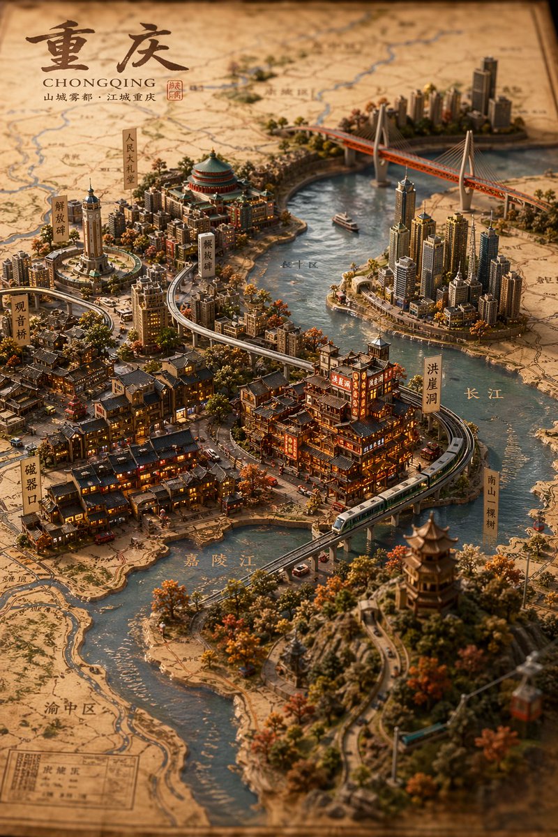Miniature 3D City Diorama Map Qwen Image prompt example: Generates a highly detailed, isometric 3D miniature diorama of a city blending traditional and modern architecture on a...