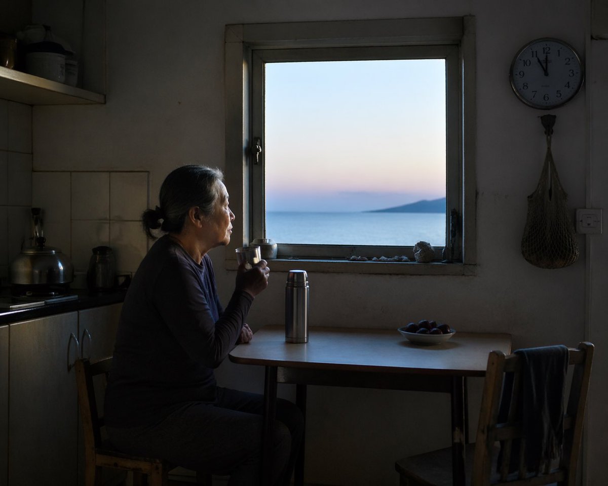 Contemplative Window View Portrait GPT Image 2 prompt example: Generates a moody, cinematic photograph of a person sitting in a dark room looking out a window at a scenic view.