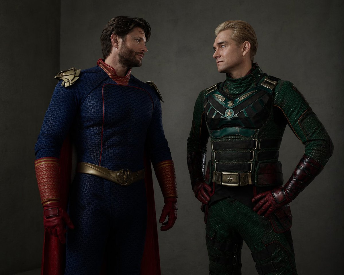 Superhero Costume Swap Portrait Qwen Image prompt example: Generates a cinematic studio portrait of two actors wearing swapped superhero costumes facing each other.