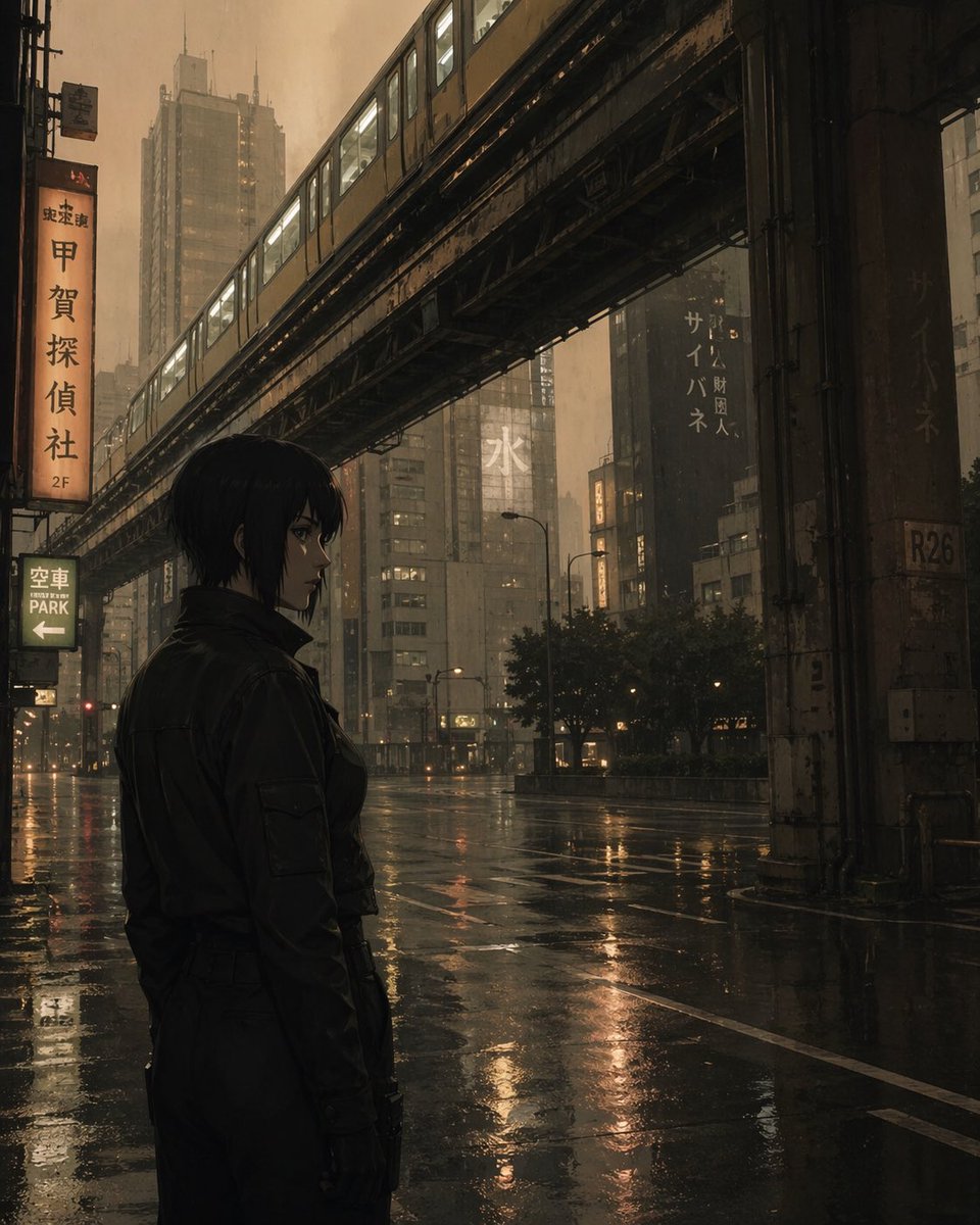 Moody Cyberpunk Cityscape Qwen Image prompt example: Generates a cinematic illustration of a character in a rainy, dystopian city setting.