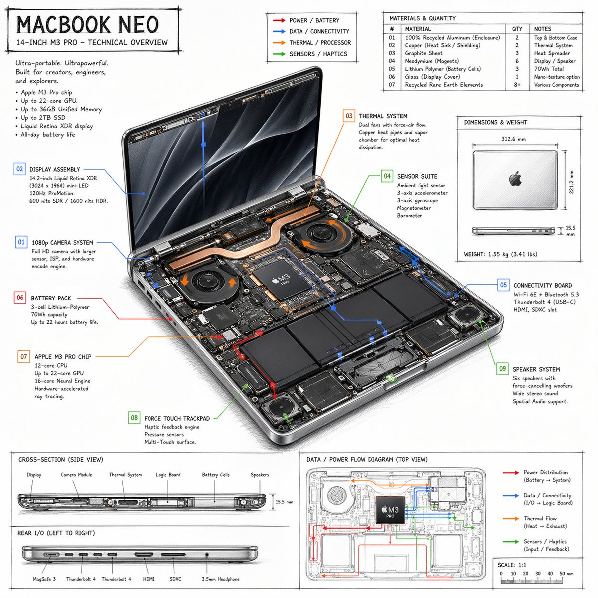 Laptop Technical Overview Infographic GPT Image 2 prompt example: A detailed, hand-drawn style technical spec sheet for a laptop, featuring internal component callouts, material...