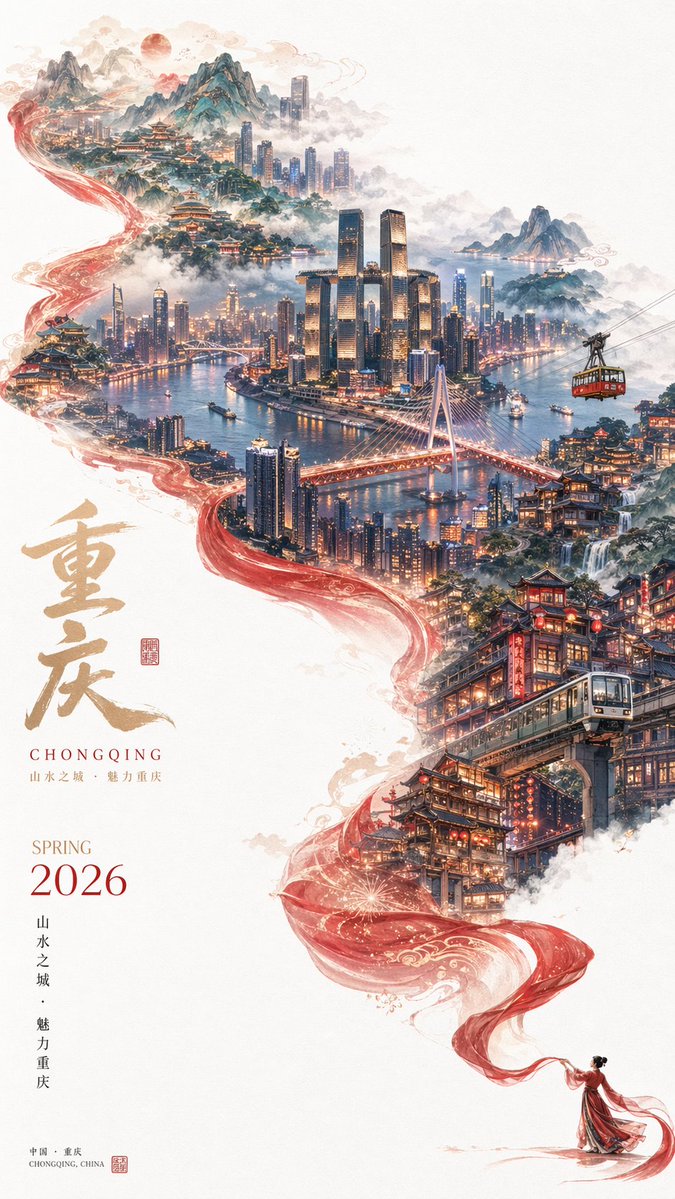 Surreal Cityscape Travel Poster Qwen Image prompt example: Generates a stunning, surreal travel poster blending traditional ink-wash aesthetics with hyper-realistic modern...