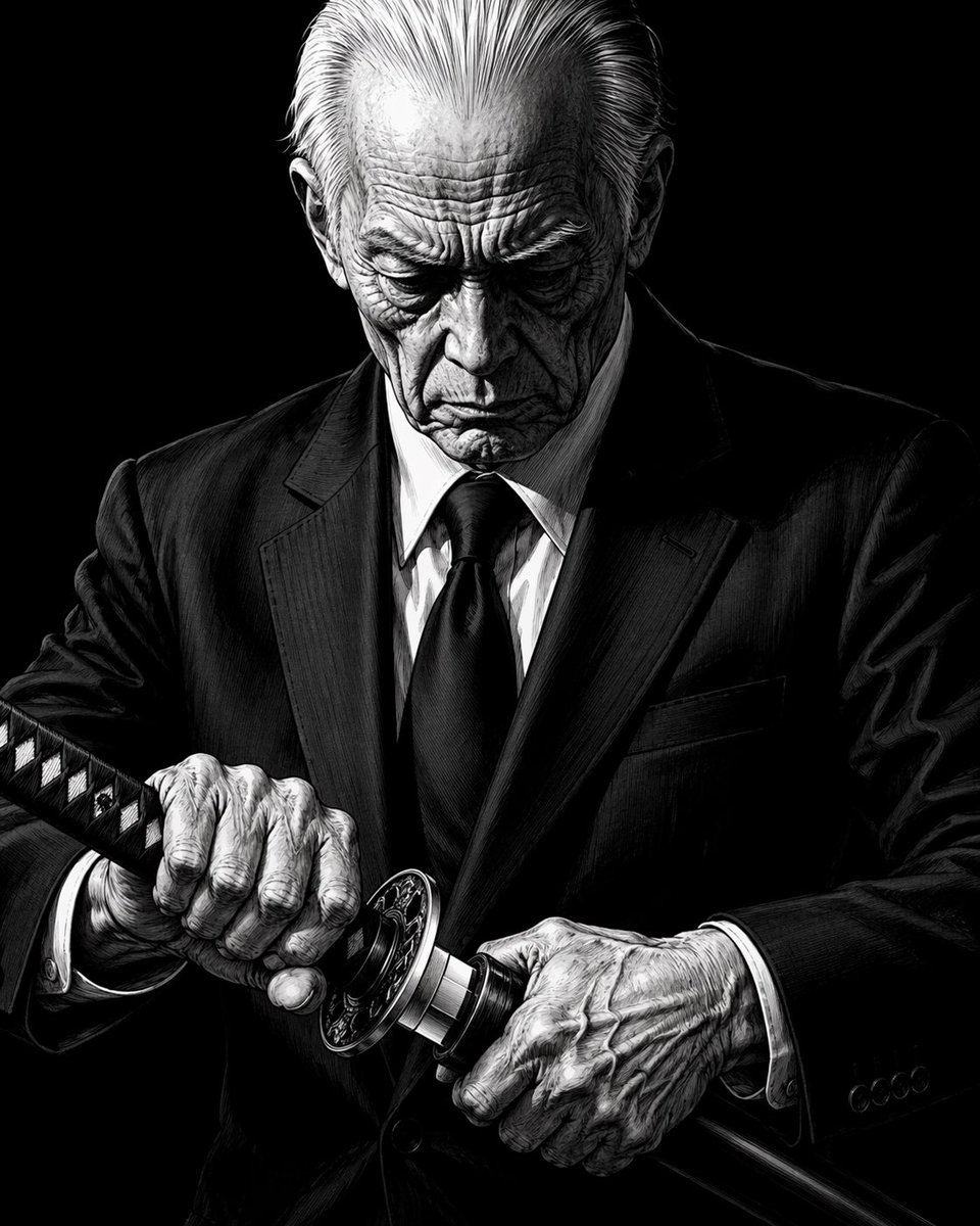 Elderly Yakuza Drawing Katana GPT Image 2 prompt example: Generates a dramatic, high-contrast black-and-white illustration of an elderly man in a suit drawing a katana, suitable...