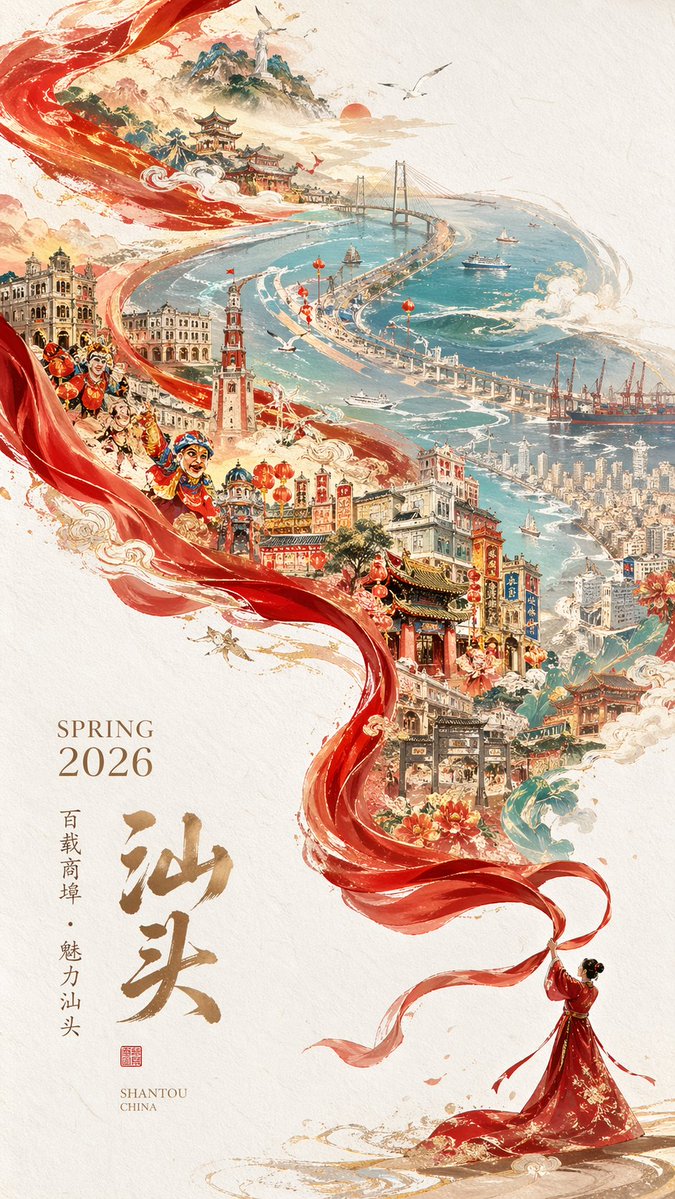 Epic Chinese Cityscape Ribbon Poster Qwen Image prompt example: Generates a stunning, culturally rich poster featuring a sweeping red ribbon, traditional and modern city...