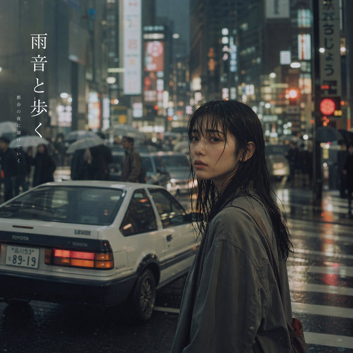 Cinematic Rainy City Portrait with Typography Qwen Image prompt example: Generates a photorealistic, moody portrait of a person on a rainy city street featuring a vintage car and...