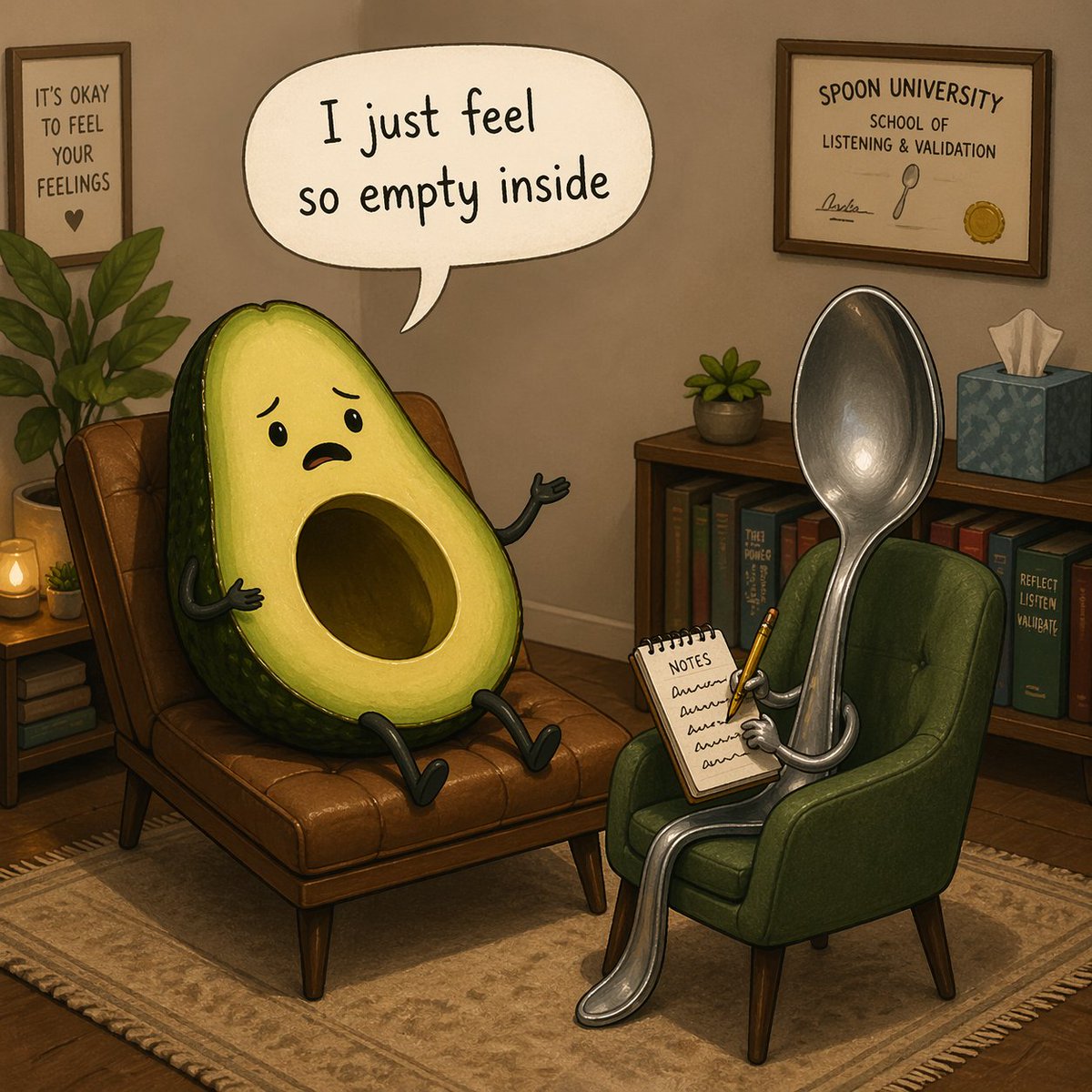 Food Pun Therapy Session GPT Image 2 prompt example: Generates a humorous 3D illustration of an anthropomorphic object in therapy, perfect for visual puns and mental health memes.