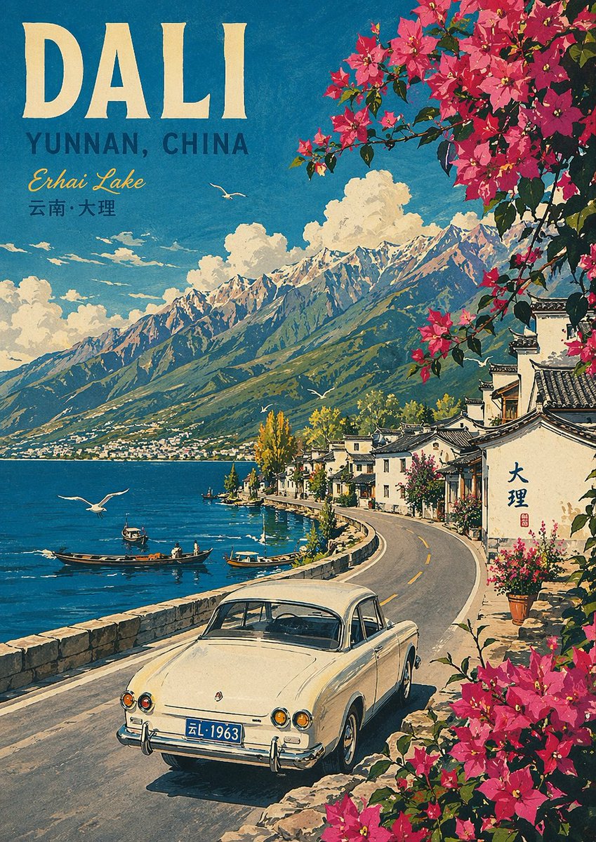 Vintage Travel Poster Illustration 的 GPT Image 2 提示词示例图：Generates a retro-style travel poster featuring a scenic coastal road, a vintage car, and customizable typography.