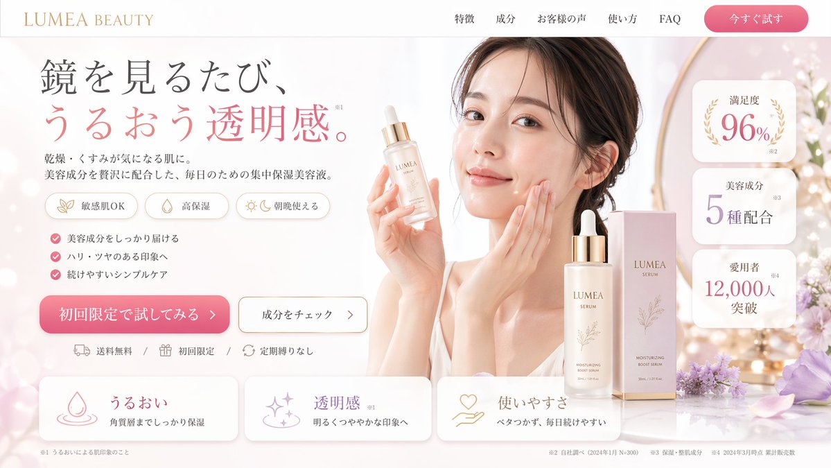 Beauty Product Landing Page Mockup GPT Image 2 prompt example: Generates a clean, feminine e-commerce landing page hero section for a beauty product, featuring a model, product...