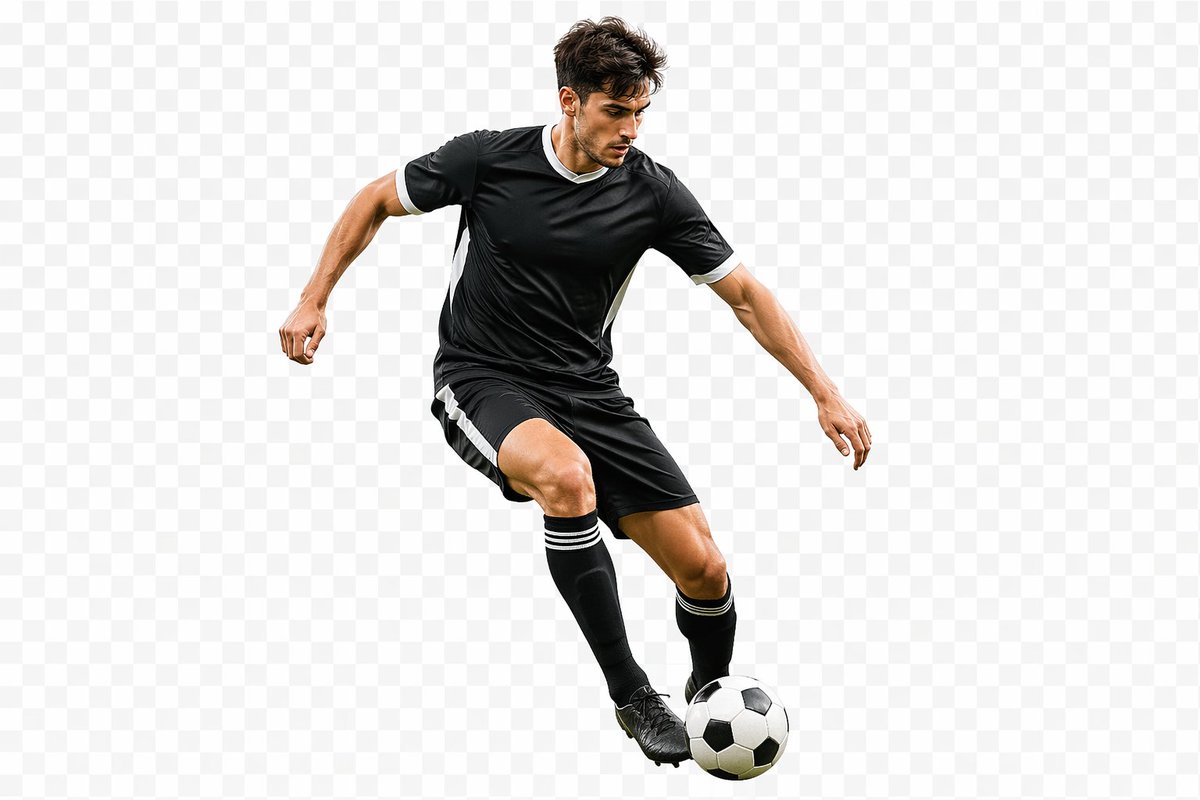 Transparent background soccer player Qwen Image 프롬프트 예시 변형 2: A prompt specifically testing the model's ability to generate PNG-style images with transparency.