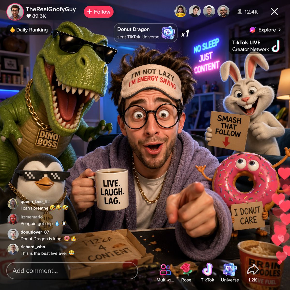 Funny TikTok livestream with cartoon characters 的 GPT Image 2 提示词示例图：A creative prompt for generating a scene of a person livestreaming on TikTok surrounded by funny 3D cartoon...