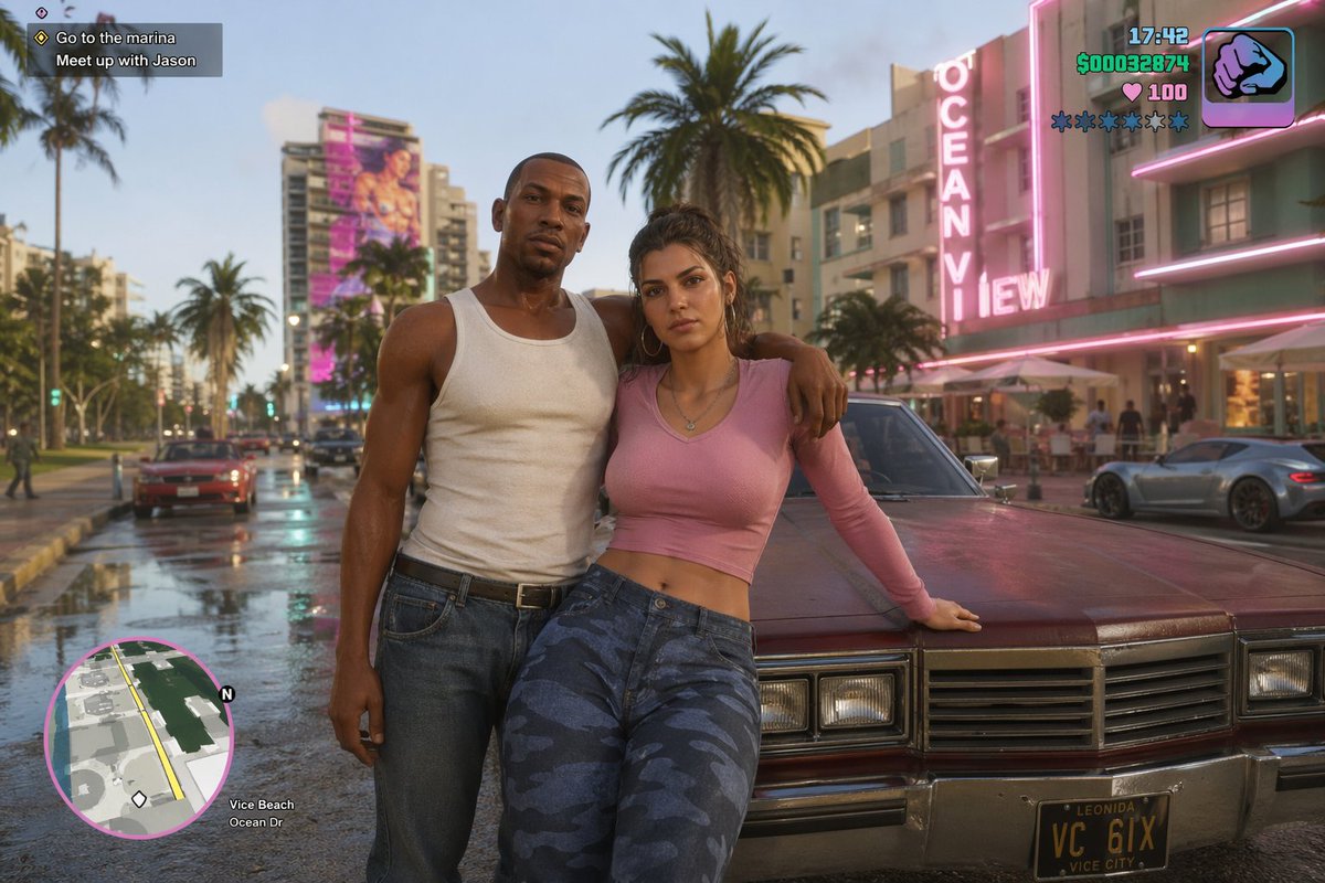retro open-world game 6 CJ and Lucia crossover Qwen Image prompt example: A fun prompt combining Grand Theft Auto characters in a single high-quality screenshot.