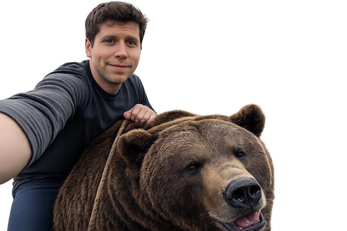 tech founder Riding a Bear 的 GPT Image 2 提示词示例图 变化图 2:A playful prompt for a selfie of tech founder in an unusual scenario, demonstrating base generation and editing.
