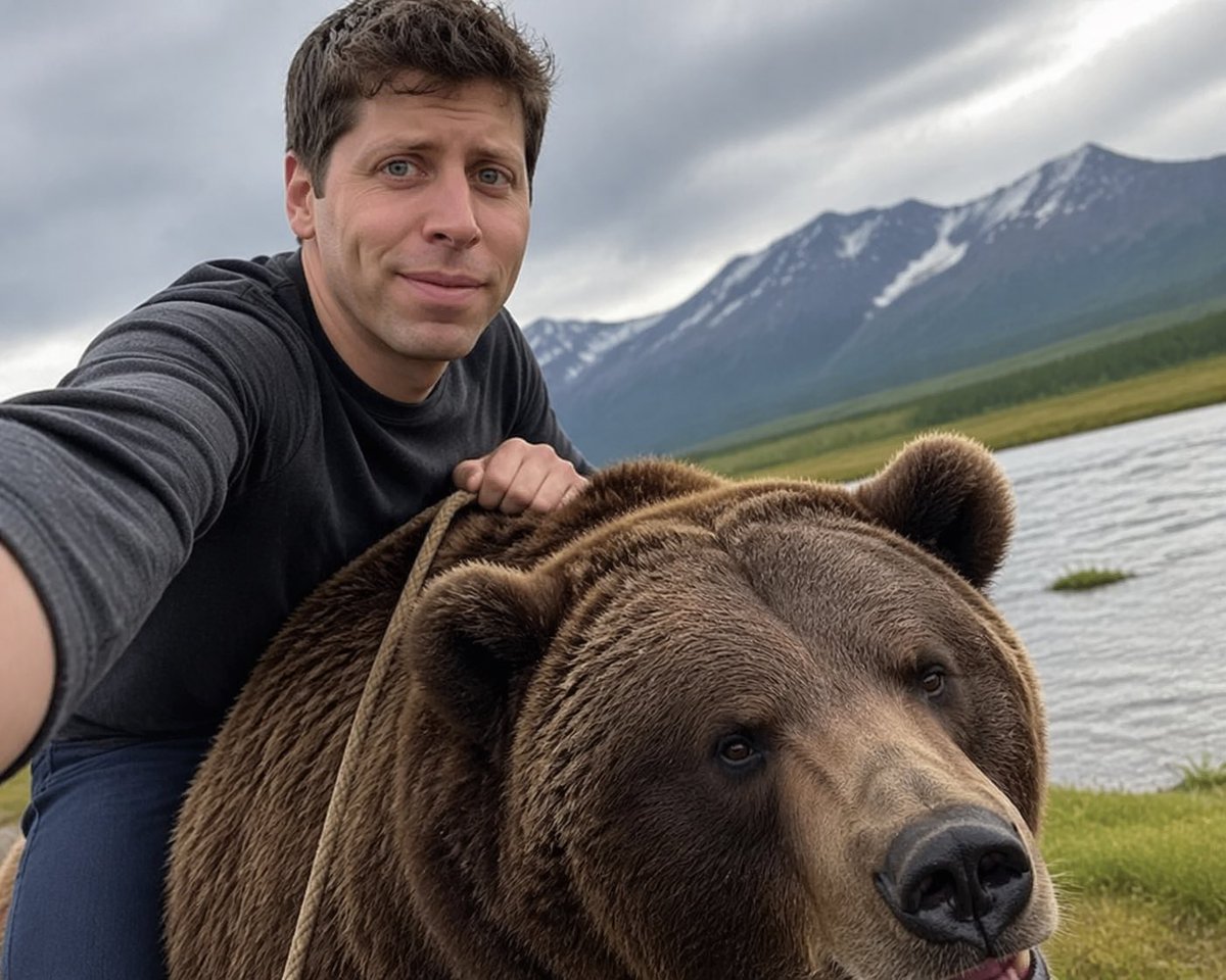 tech founder Riding a Bear 的 GPT Image 2 提示词示例图:A playful prompt for a selfie of tech founder in an unusual scenario, demonstrating base generation and editing.