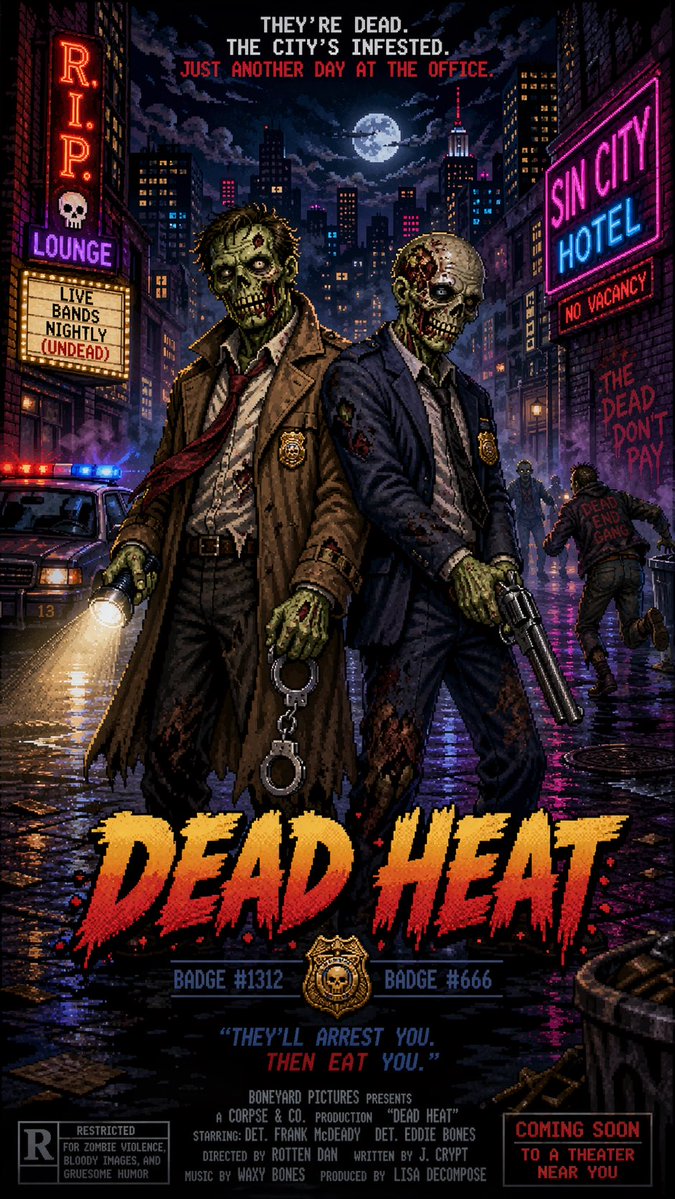 Pixel Art Movie Poster Prompt Qwen Image prompt example: A prompt for a retro 16-bit pixel art style movie poster featuring zombie detectives in a buddy cop theme.
