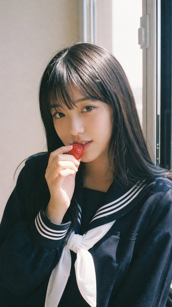 Japanese Fuji Film Style Portrait Qwen Image 프롬프트 예시: A detailed prompt for creating a realistic analog film-style portrait of a Japanese idol holding a strawberry, featuring...