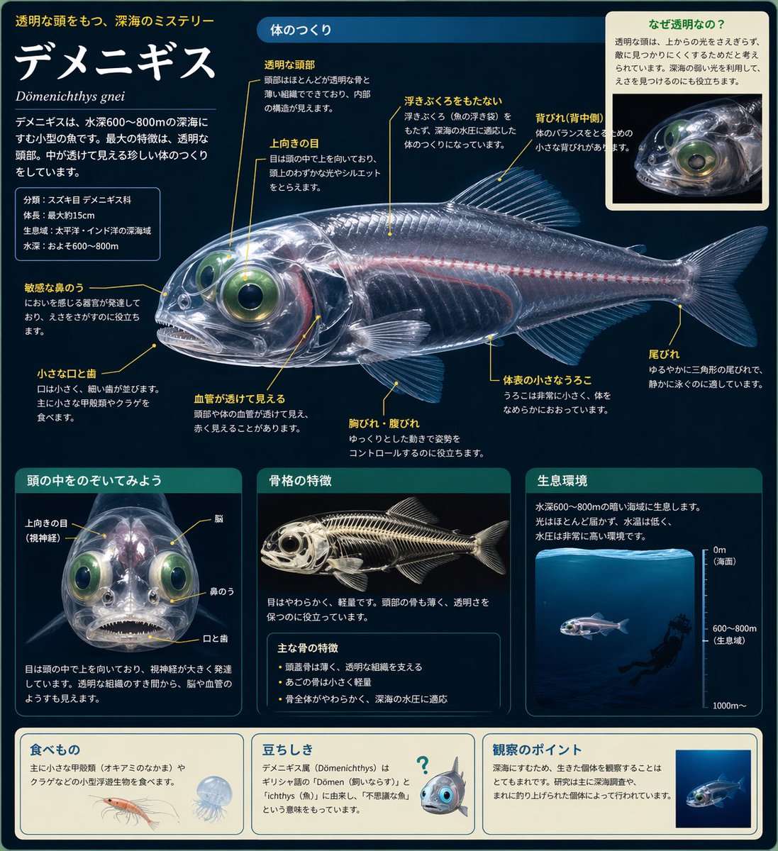 Biological Illustration Page Qwen Image prompt example: Generates a color encyclopedia page explaining the anatomy of a deep-sea fish.