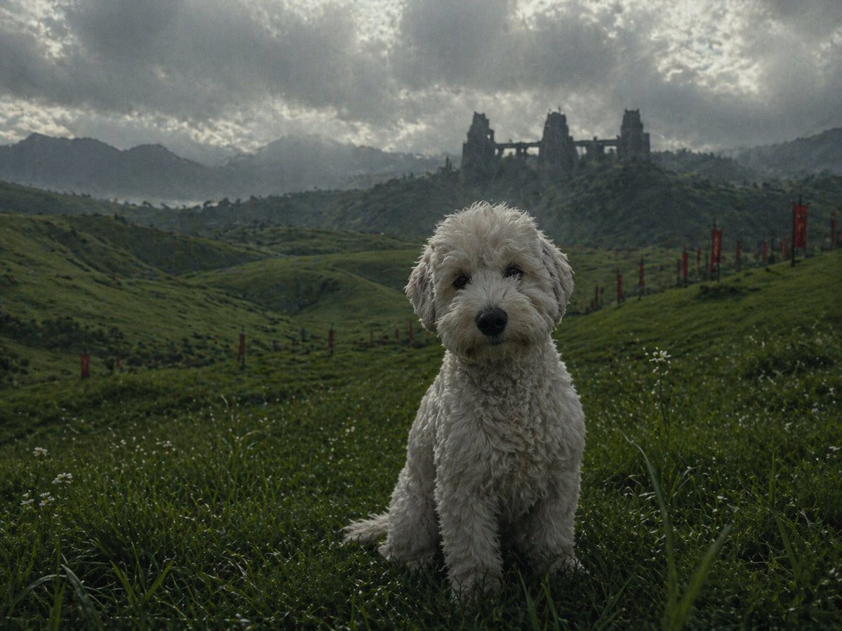 Pet in Cinematic Scene Qwen Image prompt example: A prompt to insert a personal pet into a famous cinematic style, in this case, a Kurosawa movie.