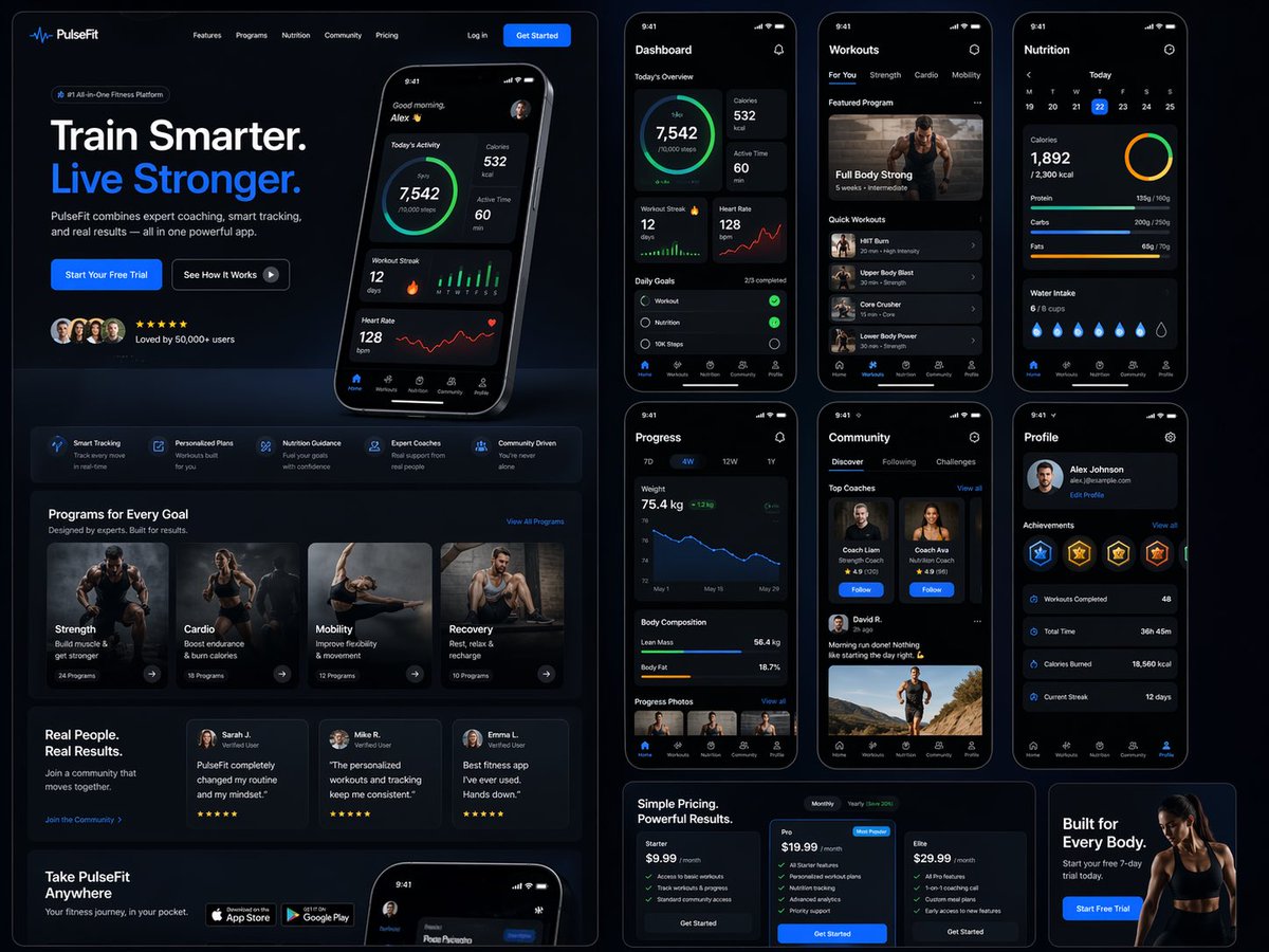 Fitness SaaS Landing Page UI Qwen Image 프롬프트 예시: A massive, detailed prompt for generating a complete web and mobile UI/UX design for a premium fitness brand, including...