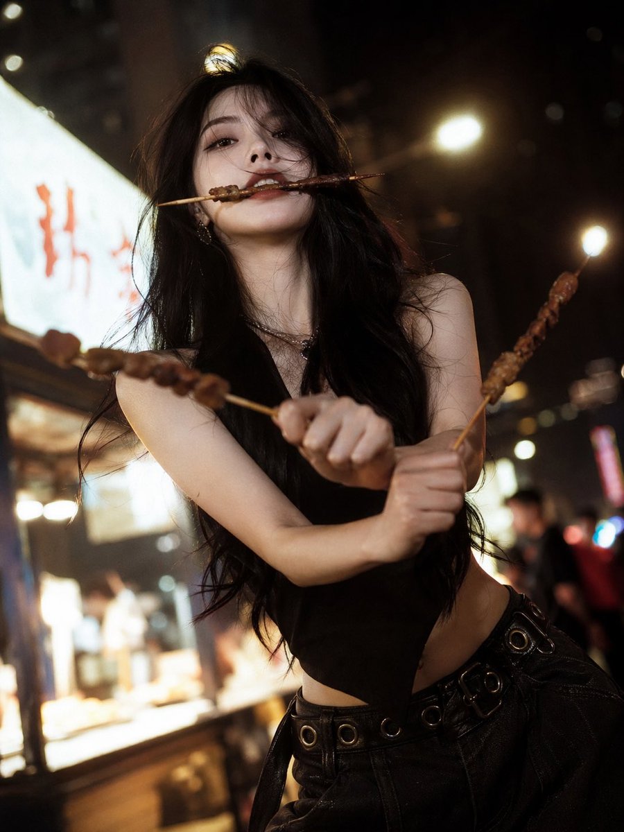 High-Fashion Anime Homage Portrait Qwen Image prompt example: A high-fashion portrait prompt that mimics a famous anime sword-fighting pose using skewers in a night market setting.
