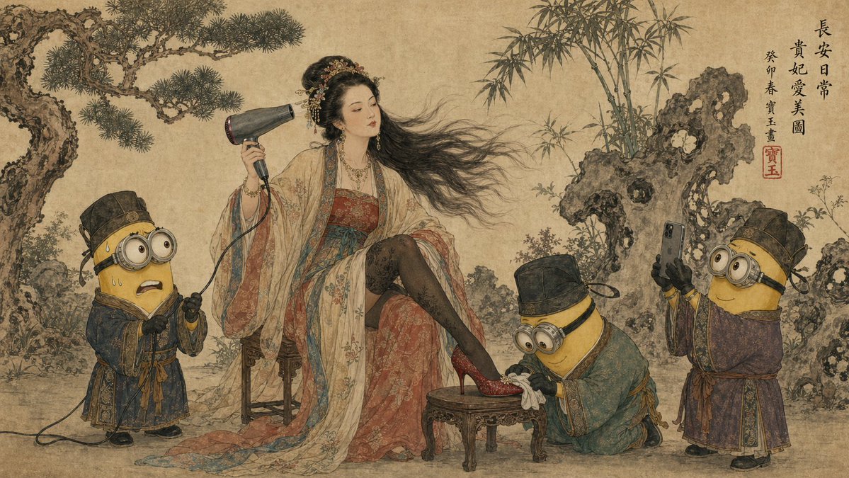 Tang Dynasty Queen & Minions Gongbi Painting 的 Qwen Image 提示词示例图：A creative prompt blending traditional Chinese Gongbi ink painting with modern elements like hairdryers and...