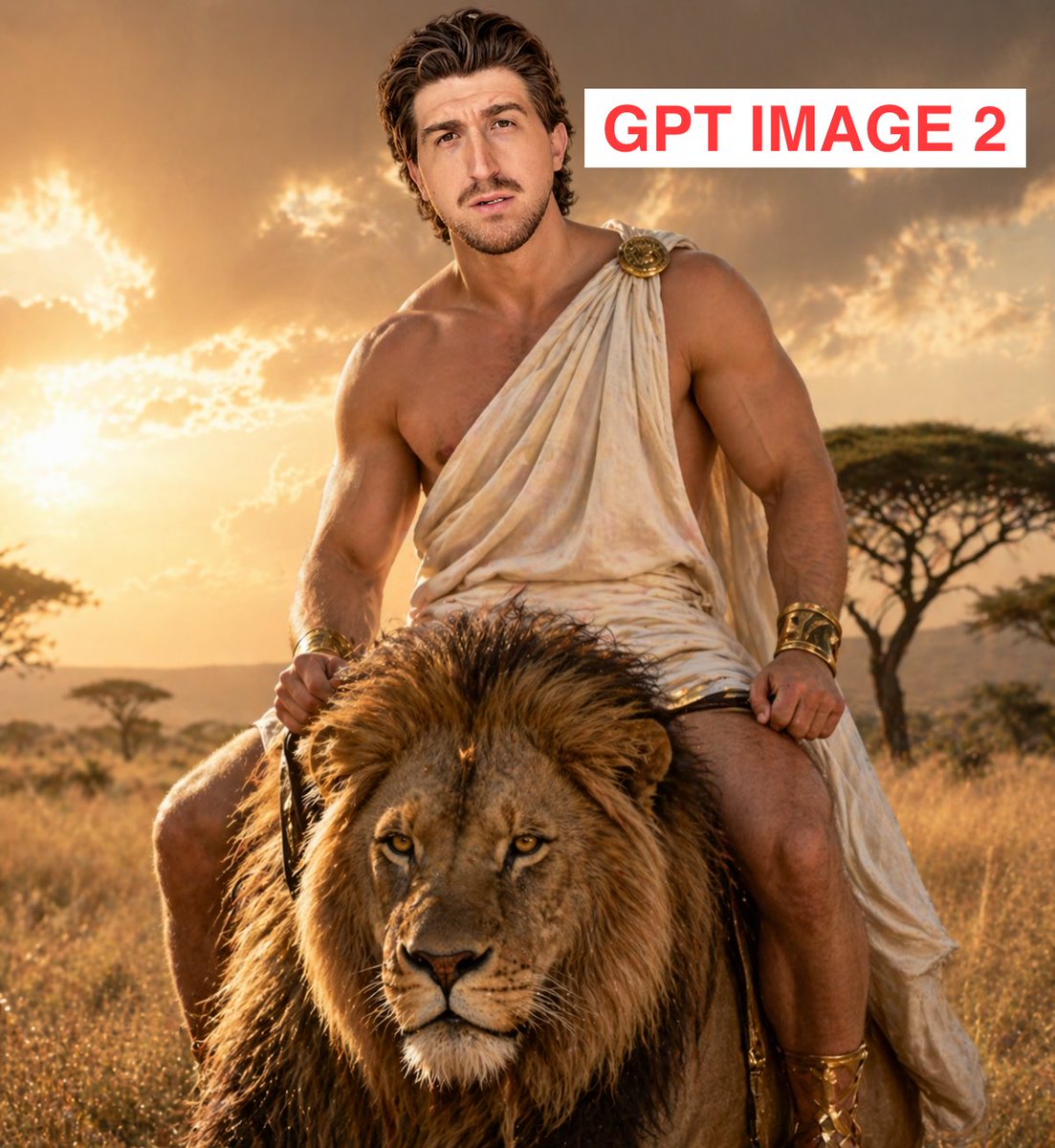 Greek God Riding a Lion 的 Qwen Image 提示词示例图:A cinematic prompt for generating an epic image of a person portrayed as a Greek god riding a lion across the African savanna.