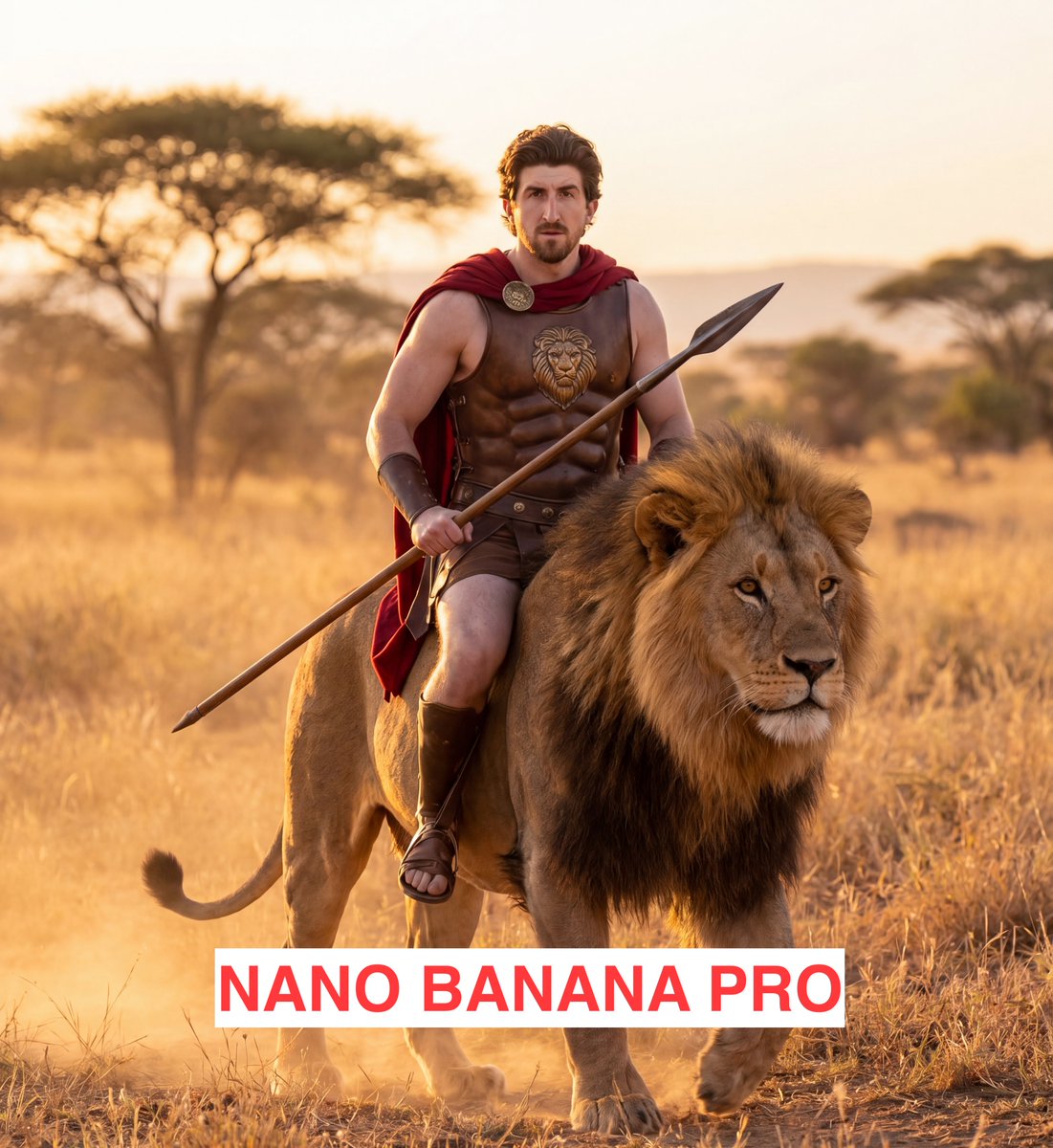Greek God Riding a Lion 的 Qwen Image 提示词示例图 变化图 2:A cinematic prompt for generating an epic image of a person portrayed as a Greek god riding a lion across the African savanna.