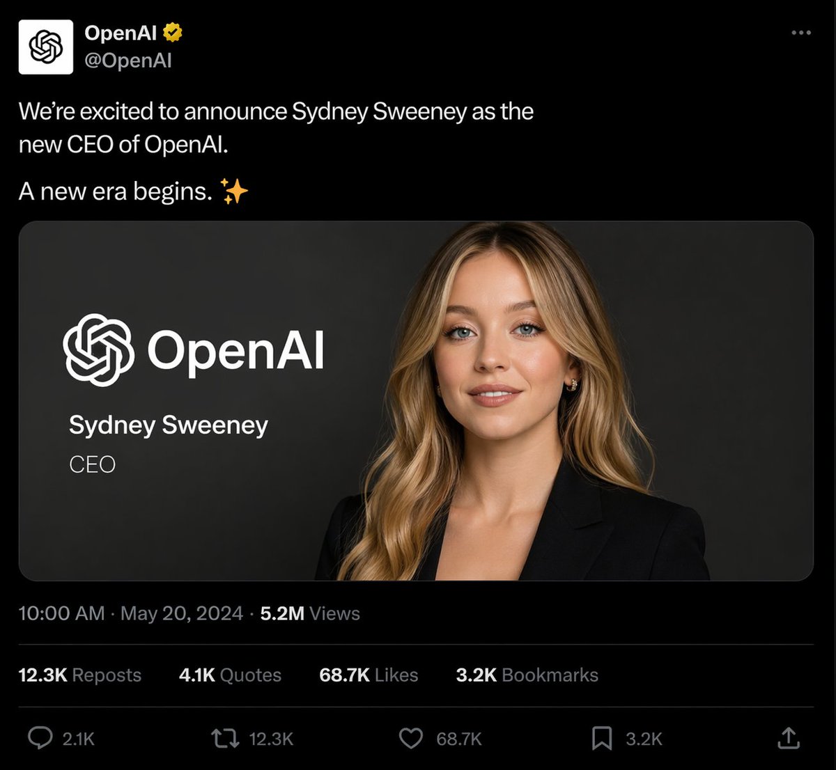 Fake CEO Announcement Post Screenshot 的 GPT Image 2 提示词示例图:A prompt for creating a realistic screenshot of a social media post announcing a celebrity as a new CEO.