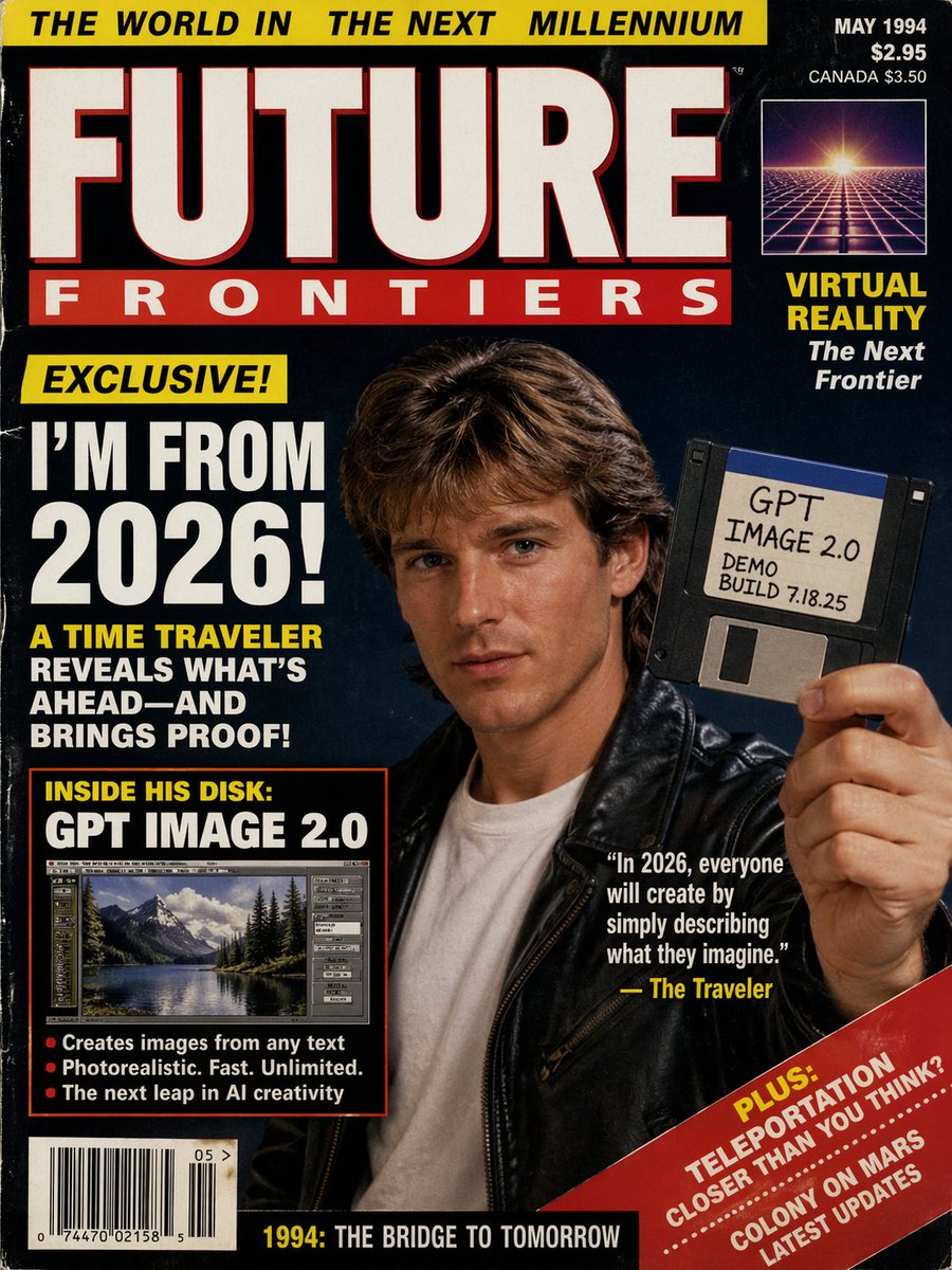 1990s Time Traveler Magazine Cover 的 GPT Image 2 提示词示例图:A prompt for a retro magazine cover from the 90s featuring a time traveler discussing future AI.
