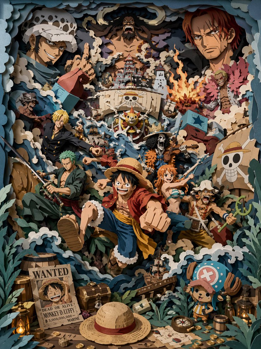 3D Papercut Pirate Scene のQwen Imageプロンプト例: A detailed prompt for creating a high-saturation 3D multi-layered papercut scene featuring a stylized pirate crew in a chaotic sea...