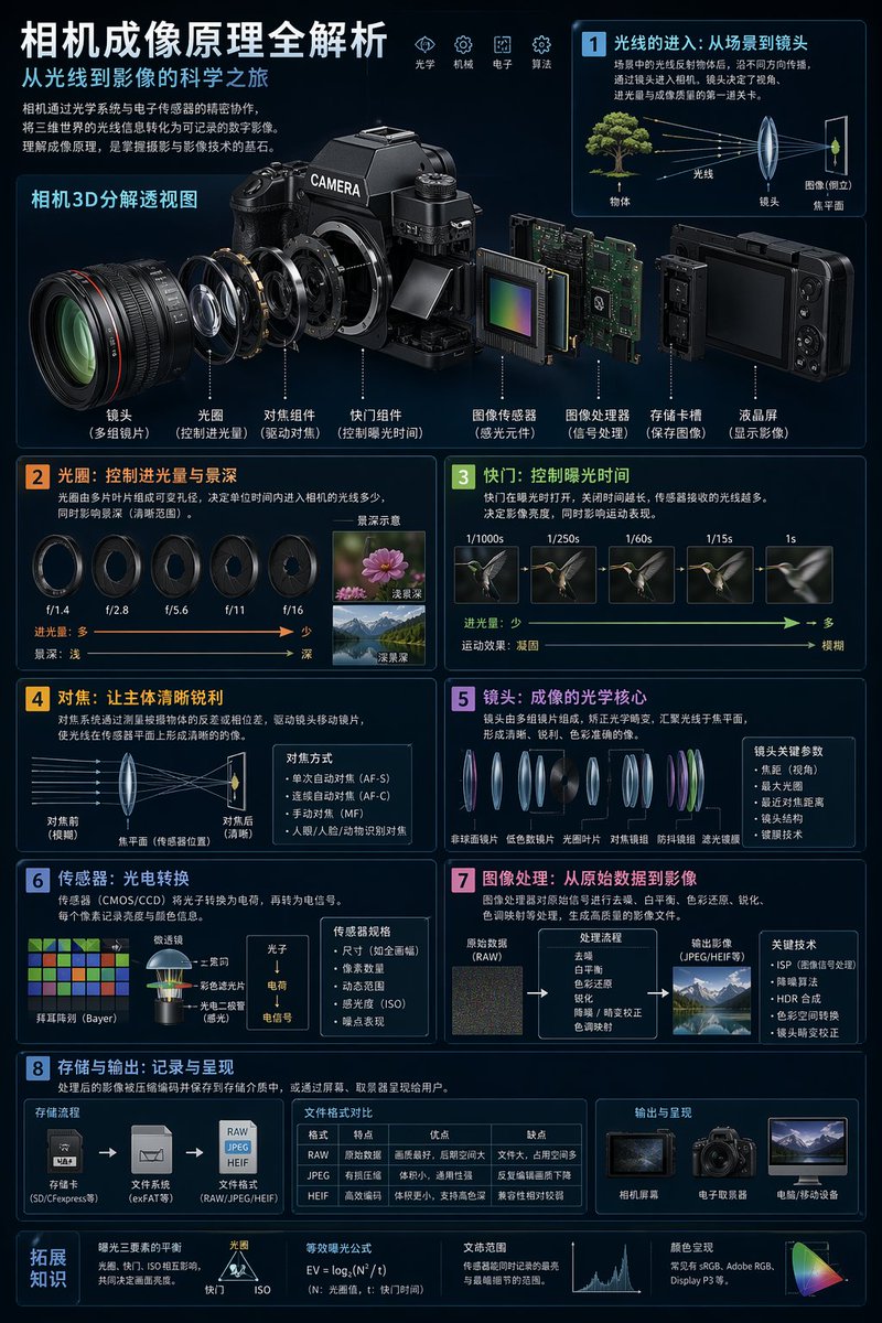 Camera Imaging Technology Infographic のQwen Imageプロンプト例: A professional technical infographic prompt that includes a 3D exploded view of a camera and multiple sections explaining...