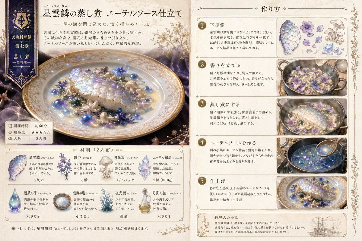 Fantasy Recipe Illustration 的 Qwen Image 提示词示例图：A detailed prompt for creating an illustrated or photographic recipe for fictional fantasy world dishes, including cooking steps...
