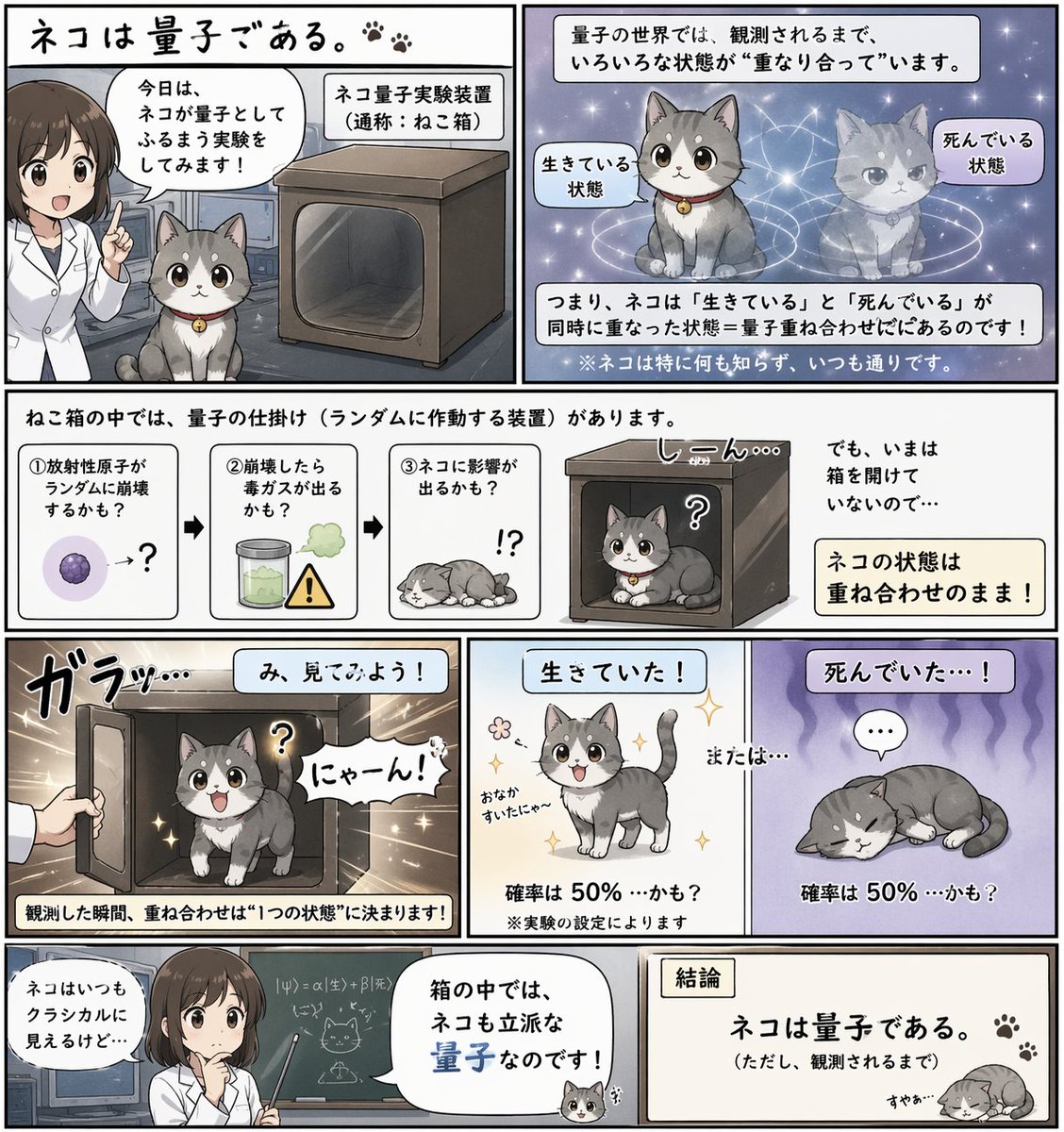 Quantum Cat Manga Qwen Image 프롬프트 예시: A short, creative prompt for generating a manga panel featuring a cat exhibiting quantum physics behaviors.