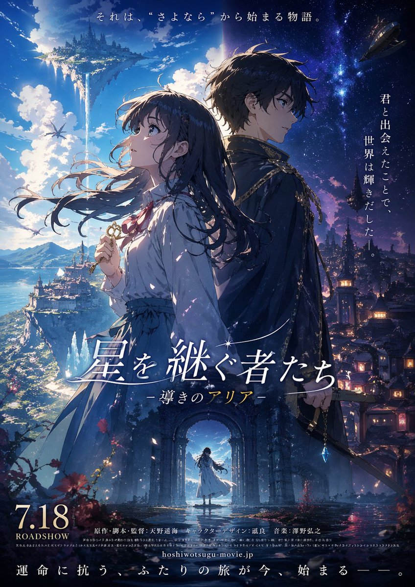 Fictional Anime Movie Poster Generation のQwen Imageプロンプト例: A simple prompt for generating high-quality posters for fictional animated films.