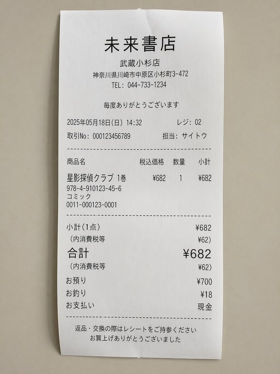 Realistic Manga Receipt Generator Qwen Image prompt example: A prompt to generate a realistic-looking receipt for a manga purchase, with customizable items and titles.
