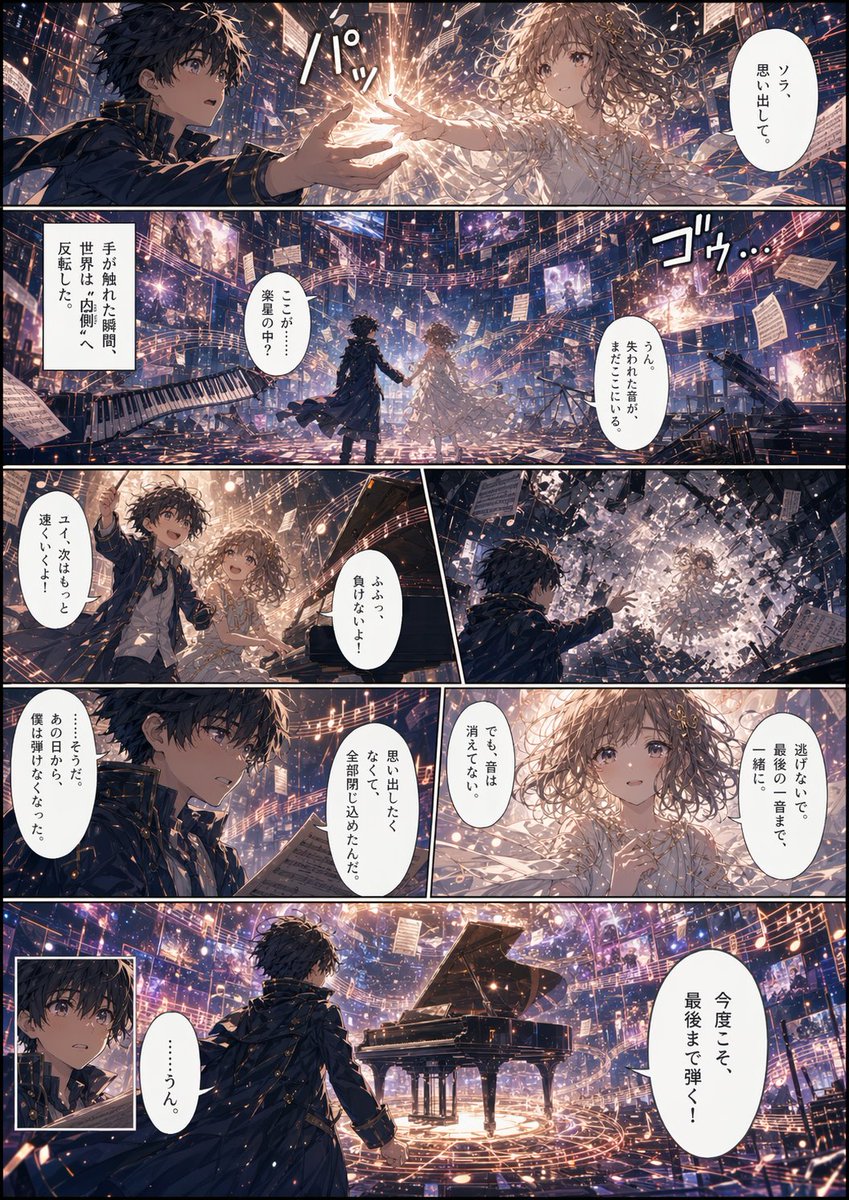 Background to Manga Layout Prompt のQwen Imageプロンプト例 バリエーション 3: A structural prompt that converts world-building background information into a finished 4-page manga or color spread.