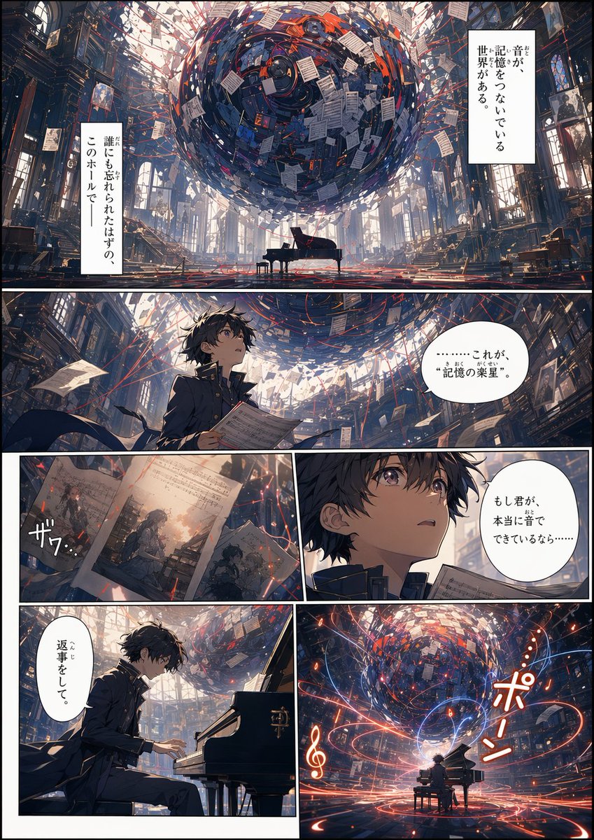 Background to Manga Layout Prompt のQwen Imageプロンプト例: A structural prompt that converts world-building background information into a finished 4-page manga or color spread.