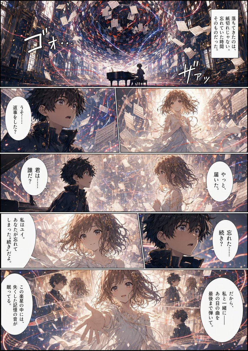 Background to Manga Layout Prompt のQwen Imageプロンプト例 バリエーション 2: A structural prompt that converts world-building background information into a finished 4-page manga or color spread.