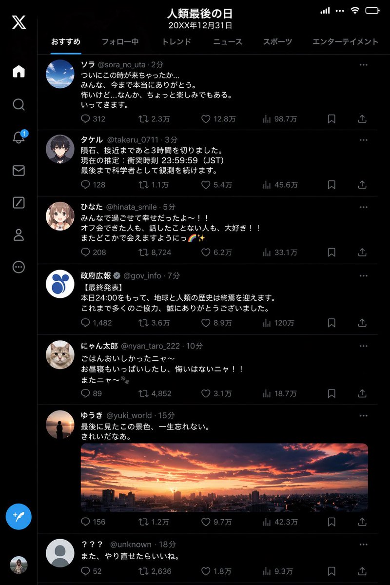 Humanity's Last Day X Timeline Qwen Image prompt example: A prompt designed to visualize a screenshot of the X (Twitter) timeline on the final day of humanity, showcasing the...