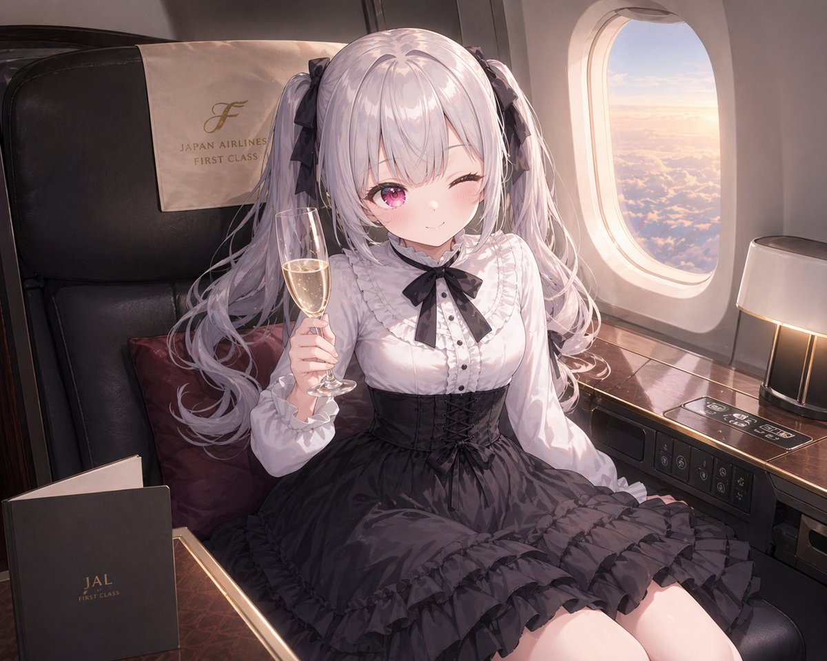 JAL First Class Cabin Interior のQwen Imageプロンプト例: A specific prompt attempting to generate the first-class cabin interior of a Japan Airlines A350-1000 aircraft.