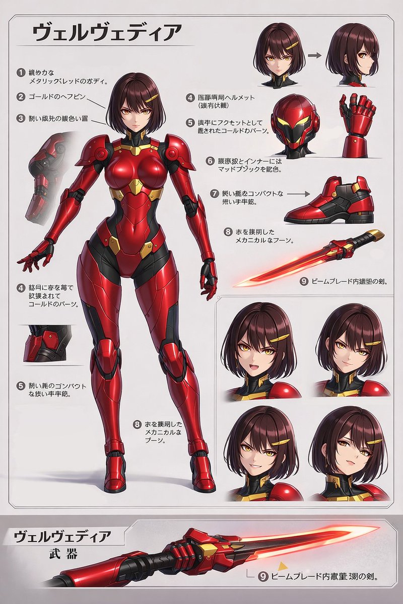 Velvedia Character Reference Sheet Qwen Image prompt example: A short prompt for generating a character reference sheet for a mecha-style character named Velvedia.