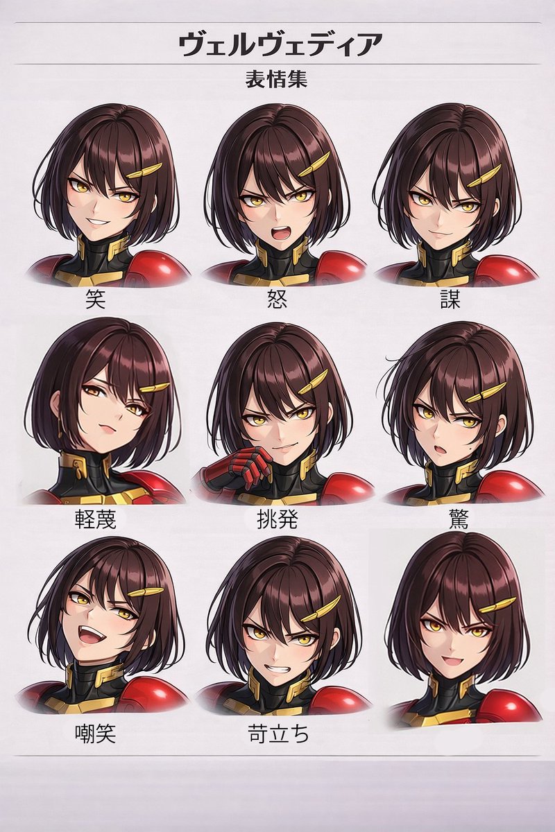 Velvedia Character Reference Sheet Qwen Image prompt example variation 2: A short prompt for generating a character reference sheet for a mecha-style character named Velvedia.