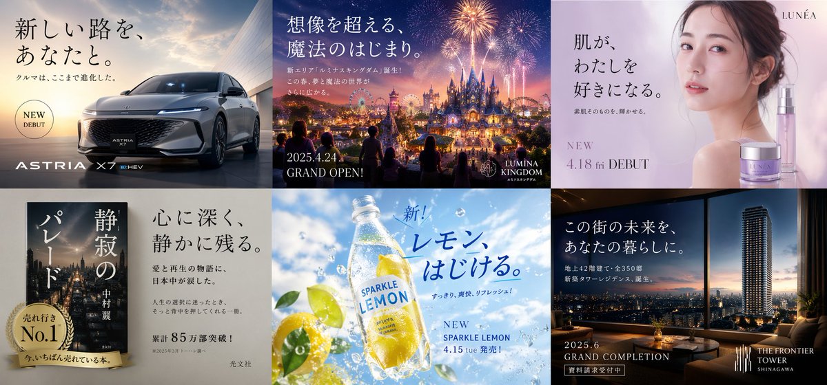 Multi-industry Japanese Ad Collage GPT Image 2 prompt example: A prompt for generating a multi-industry advertising collage in Japanese, featuring six distinct industry segments...
